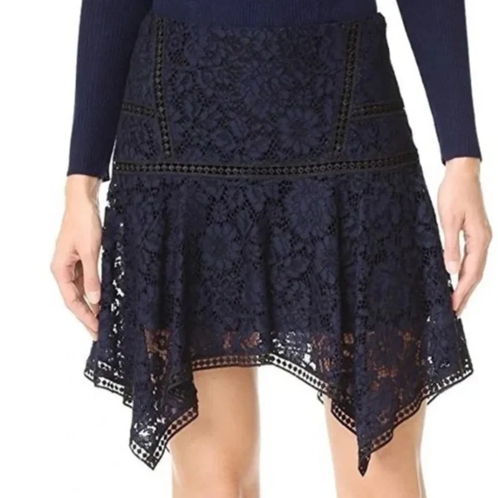 Veronica Beard Navy Aura Paneled Floral Lace Handkerchief Skirt Women's 6